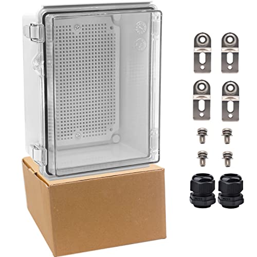 Yetlebox Waterproof Electrical Box With Mounting Plate 222X170X110Mm, Ip67 Junction Box Stainless Steel Latch Hinged Clear Cover Project Enclosure With Wall Bracket And 2 Glands 8.7"X6.7"X4.3" #TOP7