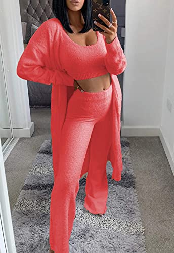 Image of Fixmatti Women's Fuzzy 3 Piece Sweatsuit Open Front Cardigan Crop Tank Tops Wide Legs Pants Lounge Sets