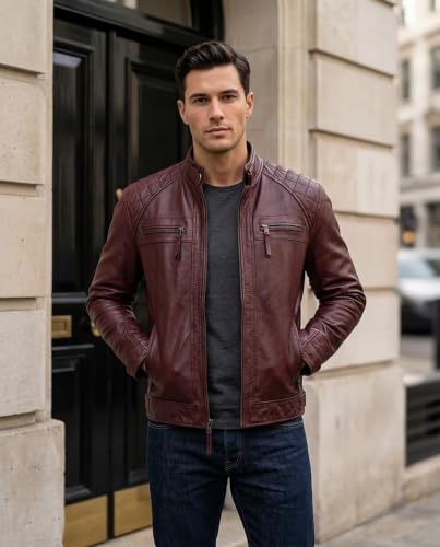 Image of Mens Vintage Retro Biker Cafe Racer Diamond Quilted Biker Jacket | Snap-Tab Collar with Adjustable Waist Genuine Leather Motorcycle Jacket