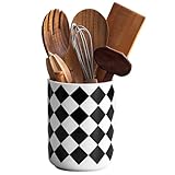 Kitchen Utensil Holder for Countertop， 6.4' Ceramic Utensil Holder Deep and Stable，Kitchen Utensil Organizer，Modern Checkered Utensil Holder for Decor