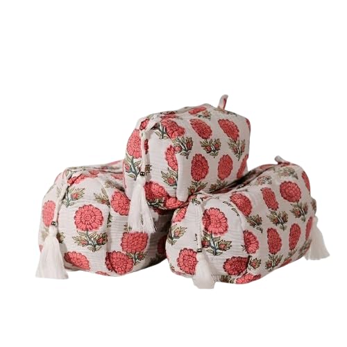 Hand Block Printed Quilted Toiletry Bag, Travel Bag, Makeup Pouch (Set of 3)-image-7