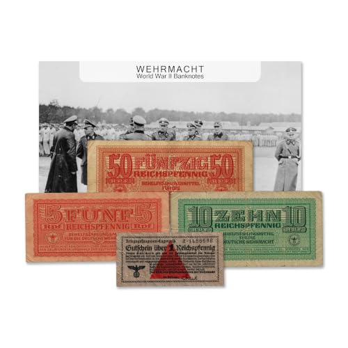 Authentic WWII Memorabilia German Military Banknotes Set – 4 Reichspfennig Notes from 1939–1944 with Certificate – Historical Wartime Currency Collectible for Numismatics and Collectors