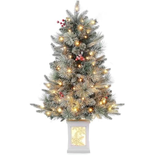 3 ft Christmas Tree, Snowflake Base, Frosted Artificial Christmas Tree, 78 Led Lights, 8-Mode Battery Box, Red Berry Decorations, Holiday Ready, Easy