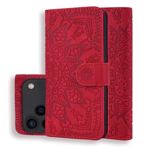 Housse iPhone 17 Pro rouge : étui portefeuille cuir et clapet magnétique à motifs