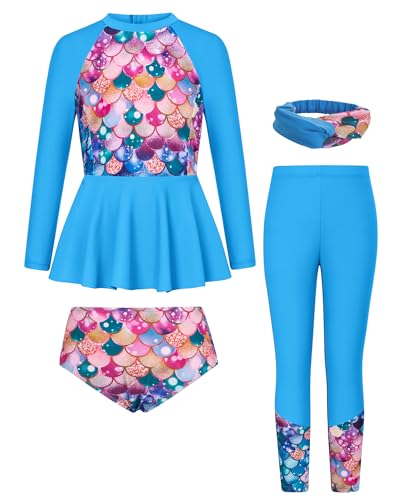 Image of GRACE KARIN Girls Long Sleeve Swimsuit Mermaid Bathing Suit Rash Guard Swimwear 4 Piece Size 5-12