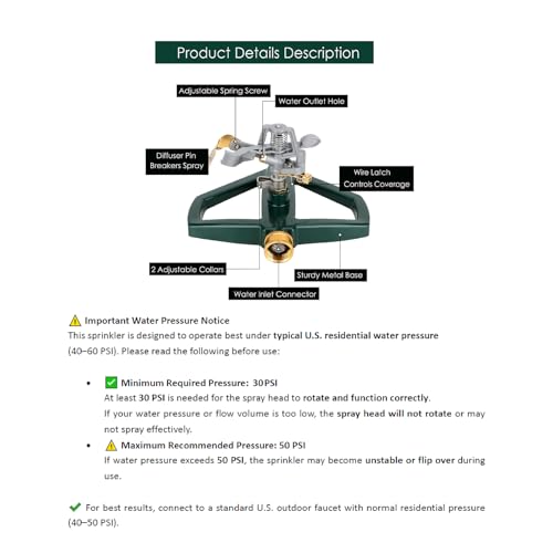 WEMADE Heavy Duty Metal Pulsating Sprinklers for Yard - 360 Degree Roating Automatic Water Sprinkler for Lawn with Metal Base, Impact Sprinklers for Large Area Covers Up to 85‘ Diameter - Image 3