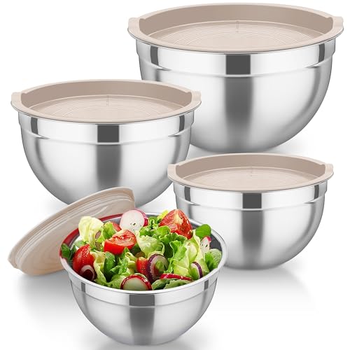 TEAMFAR Rührschüssel, 4 Stück Edelstahl Schüssel Salatschüssel mit Luftdicht Deckel, Schüsselset für Küche, 4,5/3/1,5/1,2L, Spülmaschinenfest - Khaki