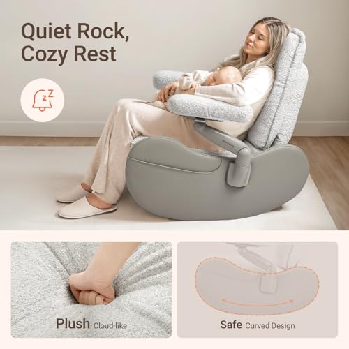 Image of MAMAZING Lullabud Nursery Rocking Chair Glider with Ottoman for Breastfeeding, Upholstered Nursing Chair with Removable Cover Reading Chair for Bedroom, Living Room(Light Grey /Light Grey)