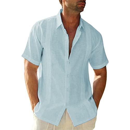 JEKAOYI Mens Casual Linen Cotton Button Down Short Sleeve Shirts Cuban Camp Guayabera Beach Tops