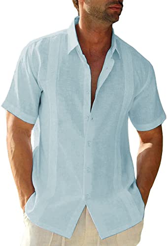 Image of JEKAOYI Mens Casual Linen Cotton Button Down Short Sleeve Shirts Cuban Camp Guayabera Beach Tops