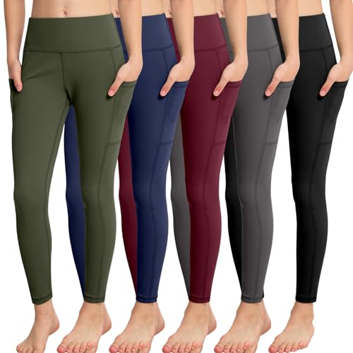 CHRLEISURE Girls' Athletic Leggings with Pockets, 5 Packs Kids Teen Dance Yoga Workout Running Pants for 7-8 Years(BlackGrayNavyWineJGreen, S) by CHRLEISURE - Used condition - US$28.74