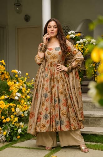 Image of ANNI Designer Kurta Set for Women Viscose Blend Printed | Kurti Set for Woman | Umbrella Kurta Palazzo Dupatta 3 Piece Outfit | Square Neck 3 /4 Sleeve Regular Fit Ethnic Dress Stylish Clothing