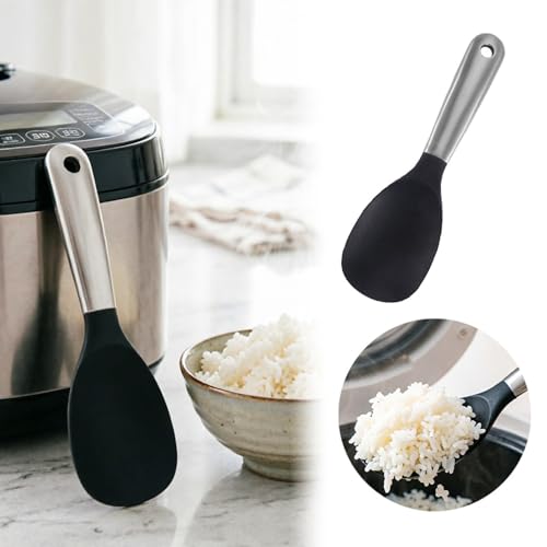 Silicone Rice Spoon, Non-Stick Ergonomic Heat Resistant Rice Paddle with Stainless Steel Handle,Lightweight Smooth Round EdgeRice Serving Silicone Spoon with Hanging Hole for Rice Cooker Home Kitche - image 3