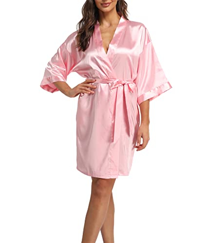 Teemie Peignoir de Bain Femme Satin Kimono Court Robe de Chambre Chemise de Nuit Mariée Mariage Veste de Pyjama Rose M