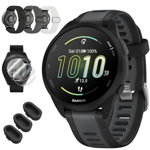 Garmin Forerunner 165 Music Smart Sport Watch, Black + Slate Gray 010-02863-30 Bundle with Deco Essentials 3X Nylon Elastic Bands, 3X Silicone Dust Cover and 2X Screen Protector