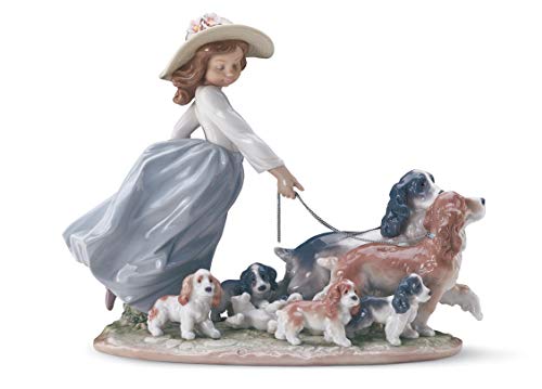 LLADRÓ Puppy Parade Girl with Dogs Figurine. Porcelain Girl Figure.