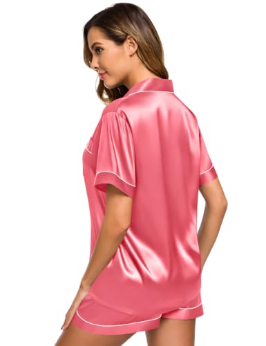 Image of SWOMOG Womens Silk Satin Pajamas Set Short Sleeve Sleepwear Button Down Top and Shorts Loungewear 2 Piece Pjs Set XS-3XL