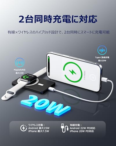 SPELEC NEOCORE PRO+ モバイルバッテリー マグセーフ 5000mAh 最大15W ワイヤレス充電 magsafe バッテリー iPhone 17/16/15 Apple Watch/AirPods Pro 対応 薄型 軽量 スタンド一体 Stand付き USB Type-C 急速充電 PD20W PPS22W（ミッドナイトブラック）