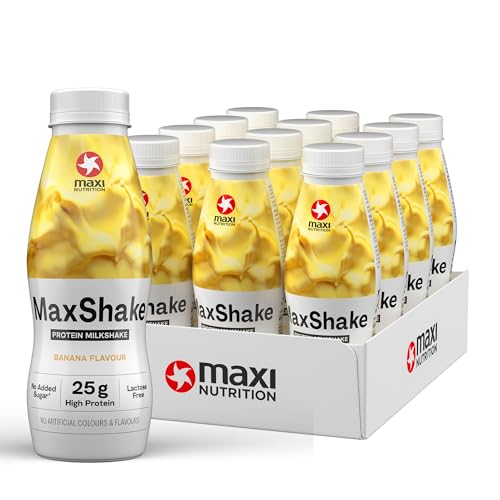 MaxiNutrition MaxShake Protein Milchshake Banane, 12x 330ml, cremiger Eiweiß-Shake für unterwegs, 25g Protein, low fat & low carb, laktosefrei, ohne künstliche Aromen, Made in Germany