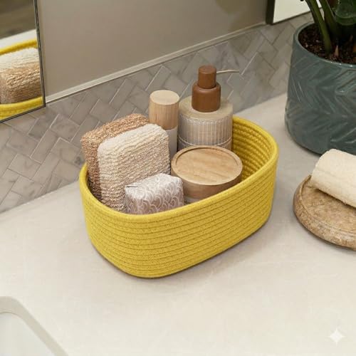Image of 100% Natural Jute small box mini rope paper storage Round hamper baby nursery tray bucket for Living Kitchen, Drawing Room,fruits, kitchen, office, (yellow 3 set)