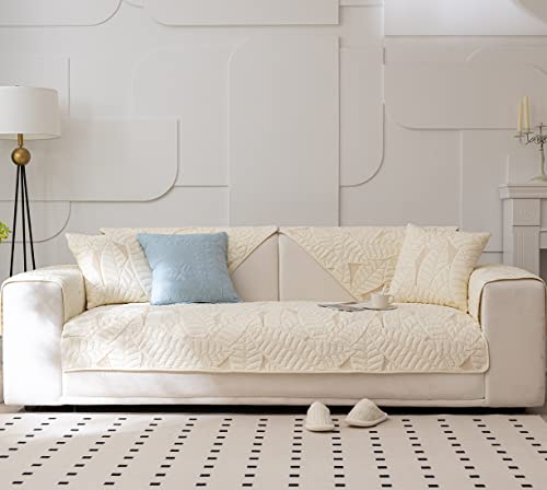 Xslive Farmhouse Couch Cover Solid Color Neutral Sofa Cover Soft Cotton Quilted Sectional Couch Covers Non Slip Washable Sofa Slipcover Furniture Protector For Living Room (Ivory A,36"X70") #TOP1