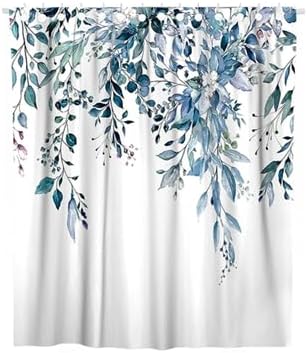 Blue White Watercolour Eucalyptus Floral Shower Curtain 180x180cm