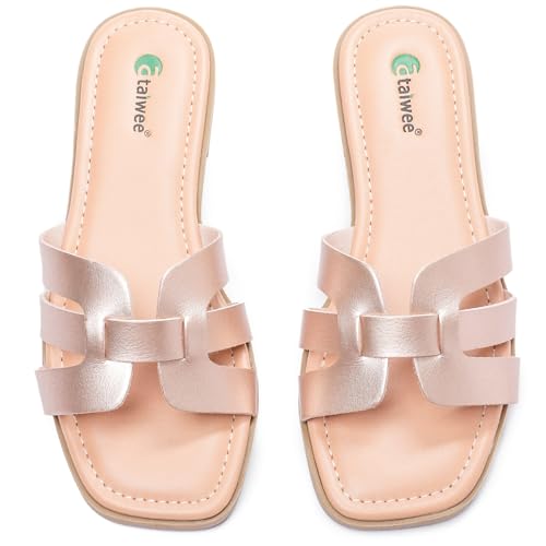 Ataiwee Damen Flache Sandalen für den Sommer - Bequeme Pantoletten aus Kunstleder,Elegante und Lässige Slip-on Pantoletten mit Offener Spitze, (2307018,Golden/MF,38 EU)