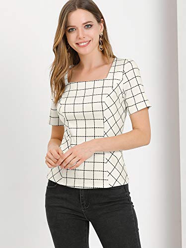 Allegra K Women's Summer Square Neck Check Tops Stretchy Plaid Office Short Sleeve Blouse Small Cream White #TOP2