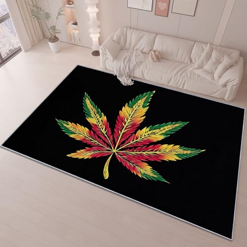140 x 200 cm Alfombra Decorativa para Sala de Estar Habitación de los, Simple Dibujo Animado Marihuana Hoja Impresión Pelo Bajo y Antideslizante Alfombra, Negro Lavable No es Fácil Desvanecerse