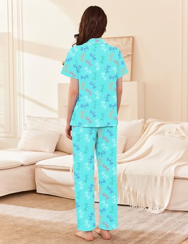 Image of Ekouaer Women's 100% Cotton Pajamas Set Short Sleeve Button Down Pjs 2 Piece Soft Sleepwear with Long Pants Lounge Set