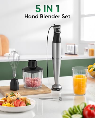 Immersion Hand Blender 5 in 1: 800W Electric Blender Handheld Stick Mixer with Trigger Control Grip, Emulsion Blenders for Kitchen Soup, Mayo, Smoothie and Baby Food, with Chopper, Whisk and Frother
