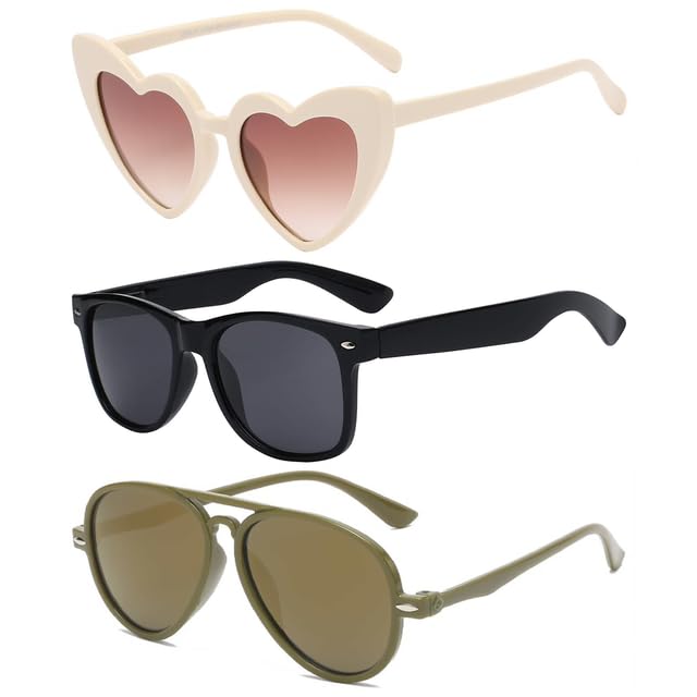 OWL Kid's Assorted 3 Pack Sunglasses – UV Protection Heart, Polarized Retro, Stylish Aviator Sunglasses for Boys and Girls2
