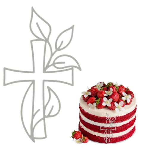 ZORVUJI 1 Pieza Tarta Bautizo Comunión Cruz Dorada, Topper Tarta Comunión para Niña Niño, Decoracion Tarta Comunión de Acrílico con Diseño de Hojas, Adorno para Tarta de Bautizo Boda Fiesta (Plata)