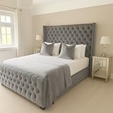 Bespoke Beds Plush Velvet Cannas Wingback Bed - King Size 5ft with Mattress/Gas Lift Ottoman Storage - Steel Plush Grey