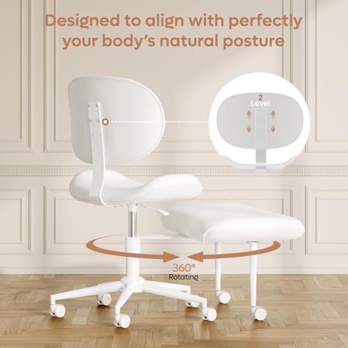 Image of Pinmoco Upgraded Cross Legged Office Chair with Wheels, ADHD Chair for Adults, Wider Height Adjustable Backrest and Seat, Meditation Chair, Ergonomic & Yoga Office Chair, PU Leather, Beige, White