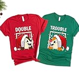 Funny Double Trouble Matching Christmas Sweatshirts for Couples – Cute Holiday Cartoon Style Crewneck Pullover Sweater, Festive Winter Outfit