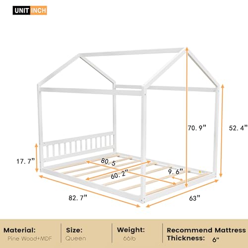 Bellemave Queen House Bed with Roof Wood Montessori Floor Beds for Kids Wood House Floor Bed Frame for Girls Boys Teens Adults, No Spring Box Needed, White