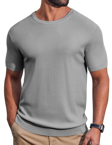 COOFANDY Men's T-Shirt Short Sleeve Crew Neck Textured Shirts Classic Knit Pullover Tees Light Grey