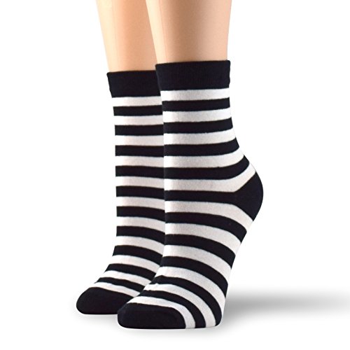 Socksmood 5 Pairs Women's Cotton Crew Socks Stripe Patterns(Black, White) #TOP3