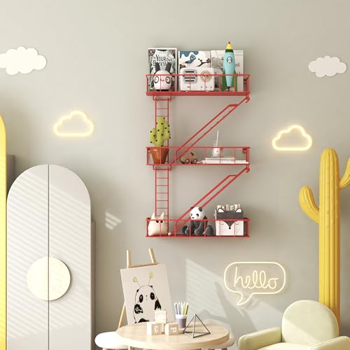 Image of Red Metal Fire Escape Wall Shelf, Unique Decorative Shelves for Wall, New York Shelf Ladder Storage, Funky Knick Knack Shelf Organizer, Industrial Wall Shelves for Bathroom, Living Room