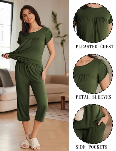 Image of Ekouaer Women's Capri Pajama Set Short Sleeve Mumu Pjs Pleated Top Capri Pants with Pockets Sleepwear Lounge Set