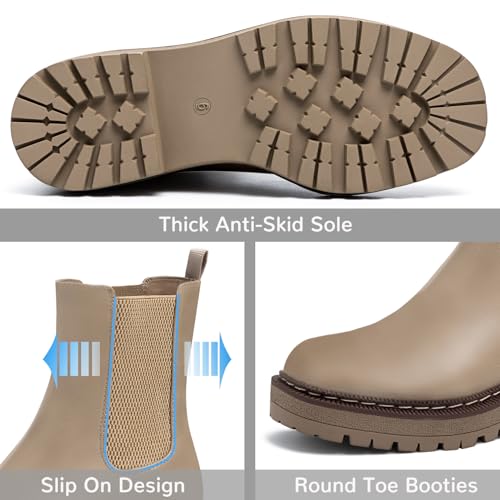 Athlefit Chelsea Boots Women Platform Ankle Boots for Women Lug Sole Round Toe Fashion Low Heel Short Booties Khaki Size 8.5 — view 3