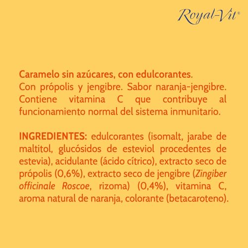 Dielisa, Royal Vit, Caramelos sin azúcares con Própolis, Jengibre y Miel. Sabor Naranja y Jengibre - 18 Caramelos