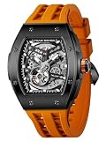 TSAR BOMBA Automatic Watches for Men Luxury Men's Watch Silicone Orange Strap Black Stainless Steel Waterproof Big Face Gift 8228A