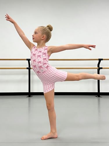 Funnycokid Gymnastics Leotards for Girls Sparkly Dance Unitards with Shorts, Pink bow, 9-10 Years - Thumbnail 2