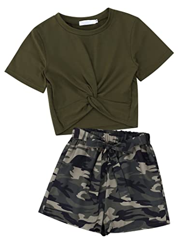 Huanye Girl's 2 Piece Short Sleeve Twist Wrap Top Tie Front Set Shorts Outfit, Army Green, 4-5T #TOP1