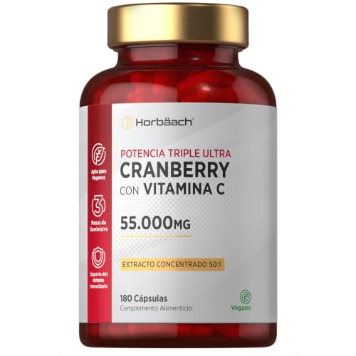 Arándano Rojo Capsulas 55.000 mg con Vitamina C 200mg | Cranberry Suplemento Vegano de Alta Resistencia | 180 Cápsulas | by Horbaach