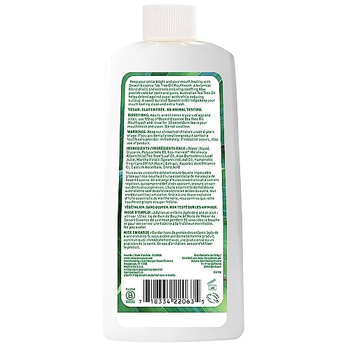 Desert Essence Alcohol-Free Mouthwash with Tea Tree Oil and Aloe, Sugar-Free, Oral Rinse to Provide Botanical Care for Teeth & Gums, Vegan, Non-GMO, SLS-Free, Gluten-Free, Spearmint Flavor, 8oz