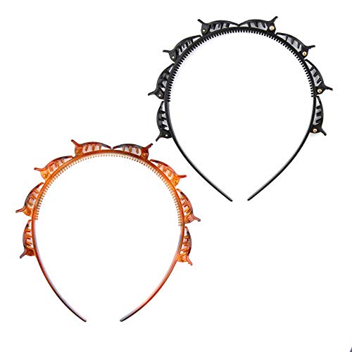 LUTER 2Pcs Double Layer Twist Plait Headband, Double Bangs Hairpins Hairstyle Hairband Hair Tool with Alligator Clips (Black and Brown)