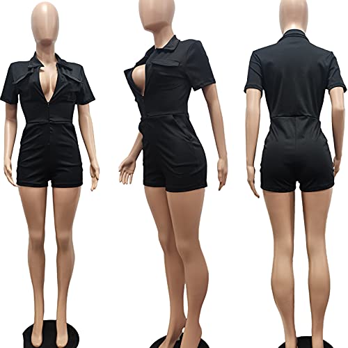 Kafiloe Women Sexy Short Sleeve Bodycon Romper Shorts Deep V Neck Zipper Front One Piece Clubwear Jumpsuit With Pockets Black L #TOP5